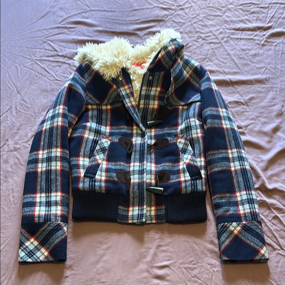 Juicy Couture Navy Plaid Jacket with Faux Fur Hood